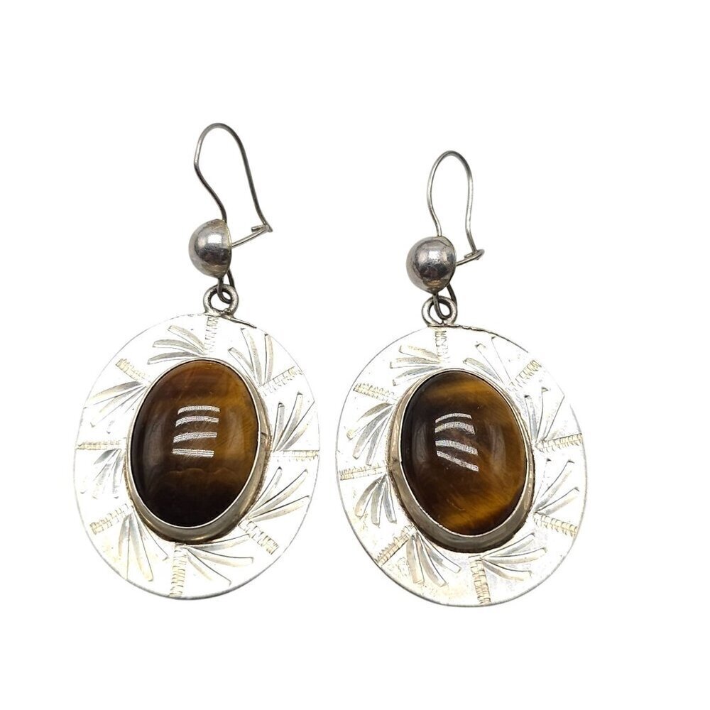 Taxco EMF Sterling Silver Tigers Eye Oval Earrings With Engraved Design